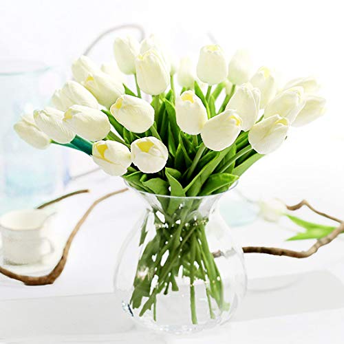 JUSTOYOU Latex Tulip, True Touch, Ramo de Flores Artificiales Decorativas, Hogar, Hotel, Jardín, Evento de Navidad, Blanco, Unidad 10