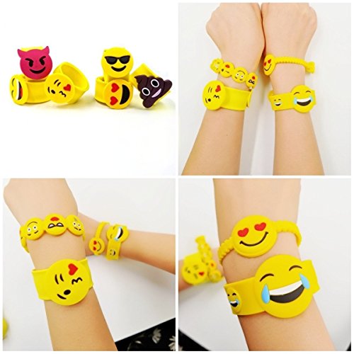 JZK 28 x Emoji Slap Pulsera Goma Banda emoticonos Pulsera Silicona para niños Adultos Fiesta favores niños cumpleaños Regalo Partido suministra pequeños Juguetes