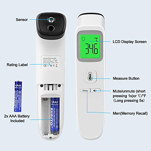 KALAOK Termómetro De Frente, Termómetro Digital, Mide Con Precisión y Rapidez El Termómetro Infrarrojo Sin Contacto, Con Alarma De Fiebre, Adecuado Para Niños, Adultos, Medio Ambiente y Objetos