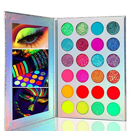 Kalolary Paleta de sombras de ojos Neon Luminous, paleta de maquillaje de sombras de ojos altamente pigmentadas de 24 colores, kit de maquillaje de brillo UV Blacklight mate y brillo