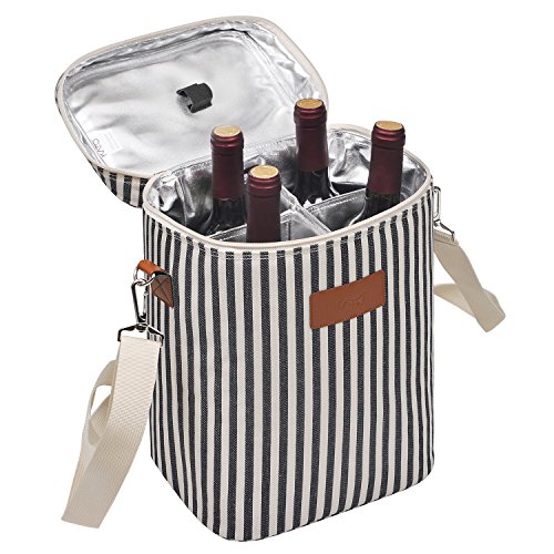 Kato Tirrinia - Bolsa térmica con 4 botellas de viaje acolchada para vino con asa y correa ajustable para el hombro, ideal como regalo para amantes del vino, a rayas