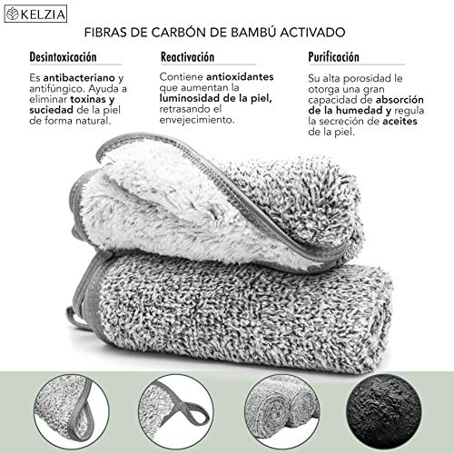 Kelzia Toallas Desmaquillantes Reutilizables - de CARBÓN ACTIVO de BAMBÚ y Microfibra (Pack de 2) Lavable-Todo Tipo de Pieles-ECO Facial MakeUp Removers