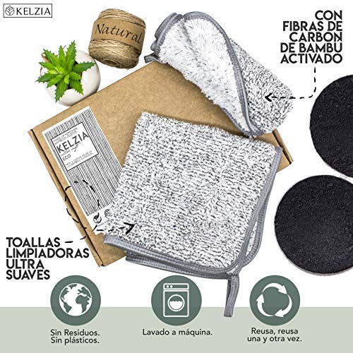 Kelzia Toallas Desmaquillantes Reutilizables - de CARBÓN ACTIVO de BAMBÚ y Microfibra (Pack de 2) Lavable-Todo Tipo de Pieles-ECO Facial MakeUp Removers