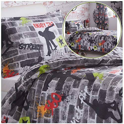 Kidz Club Teenagers Cama Individual Funda de edredón y Funda de Almohada Ropa de Cama Juego de Cama Cool Skateboards y Graffiti Almohada – Trucos, Color Gris