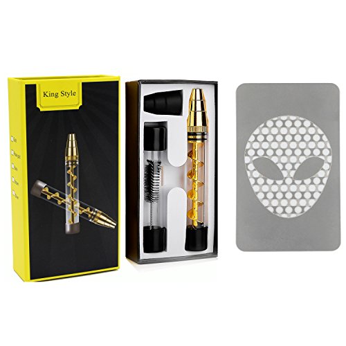 King Style - Pipa de cristal con diseño de espiral – Viene con una pipa de cristal, un triturador, un juego de limpieza – Pipa de fumar tabaco, hierbas secas, té, hierbas y especias dorado