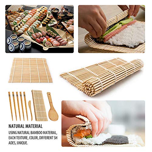 Kit de fabricación de sushi de bambú, 9 piezas, alfombrilla de bambú para sushi, incluye 2 alfombrillas de bambú para rodar, 5 pares de palillos de picar, 1 pala de arroz, 1 separador de arroz