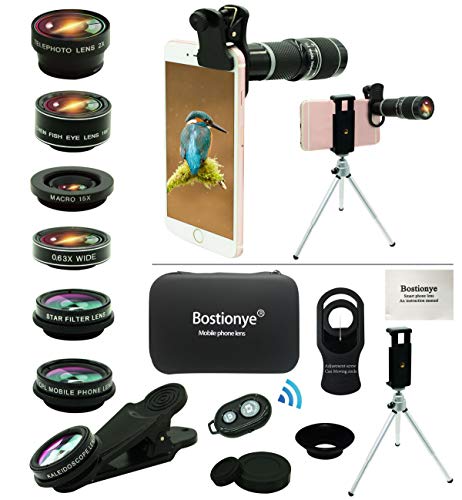 Kit Lente Cámara Teléfono, 11 En 1, Zoom 20x Universal, 0.63 Angulo Ancho+15x Macro+198°ojo pez+2x Telefoto+Caleidoscopio+CPL/Starlight/Eyemask/Tripod/ Remoto, For Mayoría Smartphones