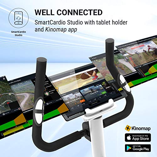 KLAR FIT Myon Cycle Bicicleta estática - Volante de inercia de 12kg, Tracción por Correa con tecnología Silent Belt, 8 Niveles, Pulsómetro, Altura Regulable, Soporte para Tablet, Blanco