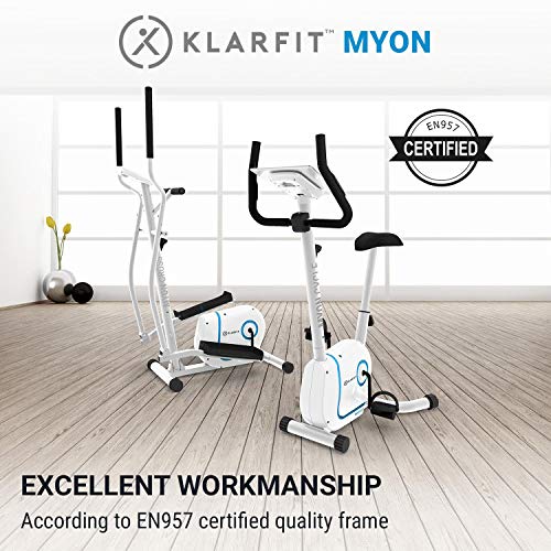 KLAR FIT Myon Cycle Bicicleta estática - Volante de inercia de 12kg, Tracción por Correa con tecnología Silent Belt, 8 Niveles, Pulsómetro, Altura Regulable, Soporte para Tablet, Blanco