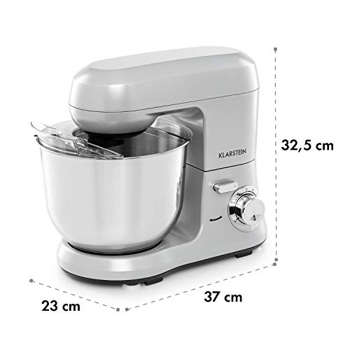 Klarstein Bella Robusta Metal - robot de cocina, carcasa de fundida a presión, cuenco de acero de 5,5 litros, función pulse, 1200 W en 6 niveles, gancho de amasar y remover, varillas, no salpica, gris