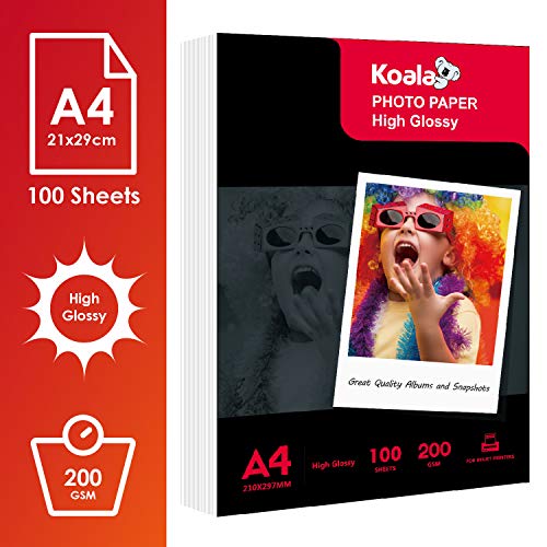 KOALA Papel fotográfico de Brillante, A4, 100 hojas, 200 g/m², para impresora de inyección de tinta Canon HP Epson