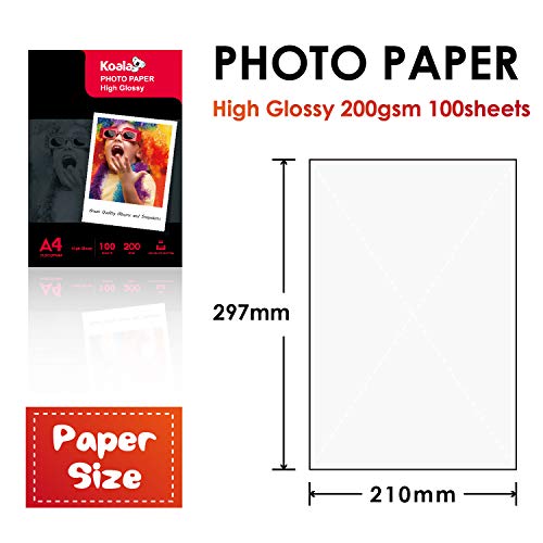 KOALA Papel fotográfico de Brillante, A4, 100 hojas, 200 g/m², para impresora de inyección de tinta Canon HP Epson