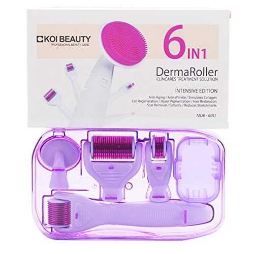 Koi Beauty Dermaroller, Derma Roller Titanio, 0.5/1.0/1.5/2.0mm Microneedle Derma Roller, Rodillo Derma Sistema de microagujas 6 en 1 por para arrugas, puntos oscuros, cicatrices, celulitis, estrías