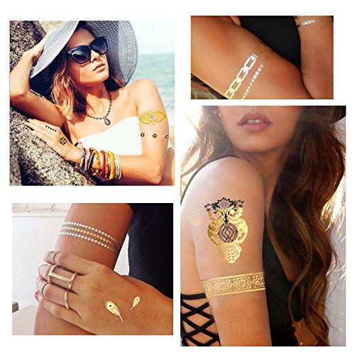 Konsait Tatuajes temporales para adultos Mujer Niños (12 hojas), impermeable Metálico Oro Flash Tatuaje Temporal Adhesivos, Flores Flechas Plumas Pulseras Muñequera