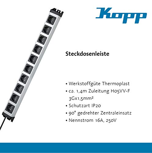 Kopp POWERversal Interior 10AC outlet(s) 1.4m Negro, Plata base múltiple - Bases múltiples (Interior, 1,4 m, 10 salidas AC, Tipo F, Negro, Plata, 16 A)