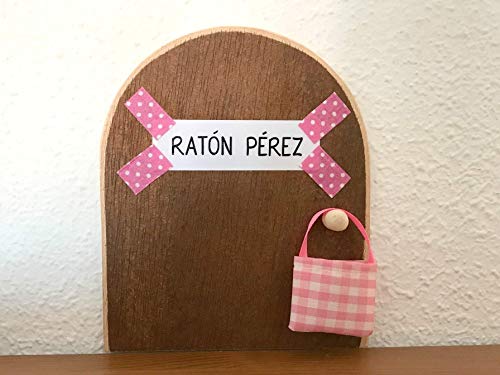 La auténtica puerta rosa mágica del Ratoncito Pérez. Con una preciosa bolsita de tela para dejar el diente. El Ratón Pérez, vendrá a por tu diente y te dejará una monedita.