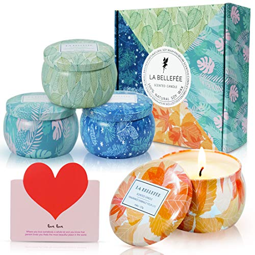 LA BELLEFÉE Velas Perfumadas Té Blanco, Selva Tropical, Crema de Calabaza, Cedro de Invierno Vegano 100% Cera de Soja, Set de Regalos Navidad, Incluyendo una Tarjeta de Felicitación