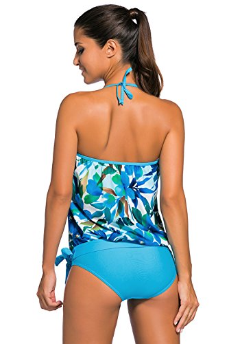 La vogue Ropa de Baño de Dos Piezas Tankini para Mujer Playa Top y Bañador Azul Flores Talla XL/Busto 91-106cm