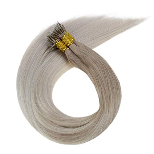 LaaVoo 35cm Nano Bead Extensiones de Cabello Humano Bonding 1g/s Individual Nano Stick Tips Remy Natural Straight 50Gramos/Pack (Colour #Balayage Rubio Cenizo y Rubia Platino)