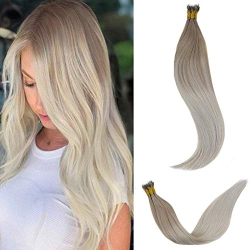 LaaVoo 35cm Nano Bead Extensiones de Cabello Humano Bonding 1g/s Individual Nano Stick Tips Remy Natural Straight 50Gramos/Pack (Colour #Balayage Rubio Cenizo y Rubia Platino)