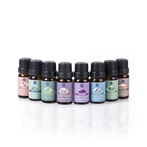 Lagunamoon Aceites Esenciales, Top 8 Set de Regalo de Aceites de Aromaterapia, Lavanda, Eucalipto, Hierba de Limón, Romero, Menta, Arból de Té, Aceites Esenciales para Humidificador, 100% Puros