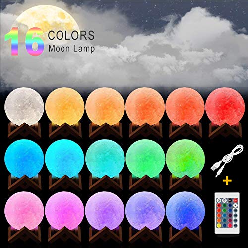 Lámpara de Luna 3D,16 Colores RGB Luz Nocturna Luna LED Lampara Luna Grande 15cm Remoto Tactil Control USB Intensidad Elegir Luz de Noche Ambiente Lámparas para Niños Bebé Regalo de Fiesta Decoración