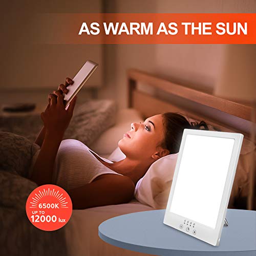 Lámpara de terapia de luz, 12,000Lux SAD Therapy Energy Light con temporizador, espectro completo de LED libre de UV, simulación de luz solar ajustable, control táctil, Ultravioleta libre de UV