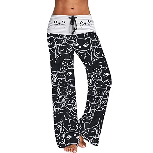 Leggings Deporte Mujer Sexy, Mujer Pantalones Anchos Casual Moda Pantalones con Cordones de impresión Gato antalón Yoga Jogging Deportivos Grandes Polainas Fitness Activewear (Negro, L)