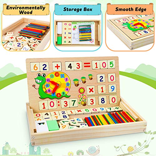 lenbest Matemáticas & Reloj Juguetes Caja Madera, Juguete Montessori Multifuncional de Reloj+ Operación Matemática+ Pintura , con Pizarra Magnética y 3 Tarjetas Matemáticas para Educación Temprana