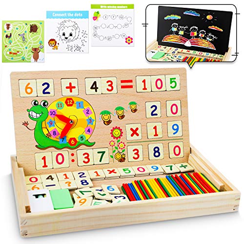 lenbest Matemáticas & Reloj Juguetes Caja Madera, Juguete Montessori Multifuncional de Reloj+ Operación Matemática+ Pintura , con Pizarra Magnética y 3 Tarjetas Matemáticas para Educación Temprana