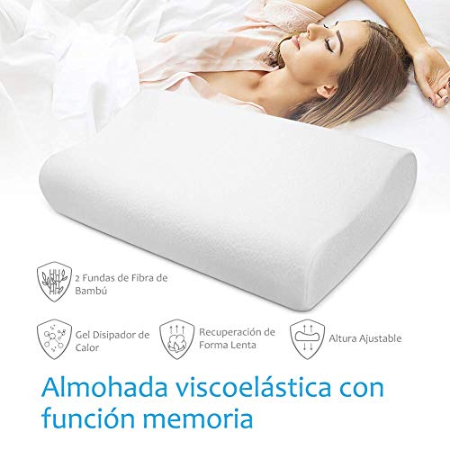 Levesolls Almohada Viscoelastica Almohada Espuma de Memoria con Altura Ajustable Gel Disipador de Calor Diseño Ergonómico Reduce Dolores Cervicales con 2 Fundas de Bambú