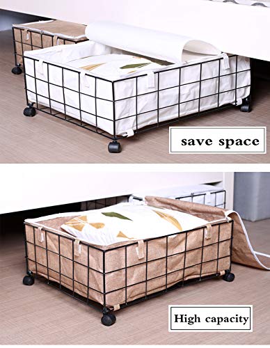 LHY SAVE Caja de Almacenamiento con Ruedas,Caja Bajo Cama con Tapa y Zip,Metal,Caja De Organizador para Ropa, Lecho, Zapatos, Mantas, Suéteres, Dar 4 Ruedas,58L,Blanco