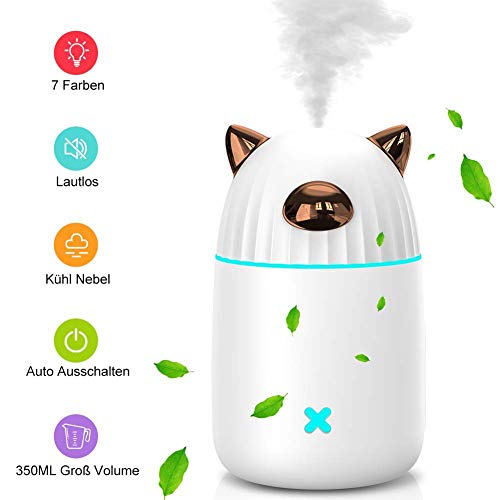 Liapianyun Humidificadores ultrasónicos con LED de luz de 350 ml, humidificador de Vapor silencioso difusor de Aroma, nebulizador humidificador de Vapor Modos,Blanco