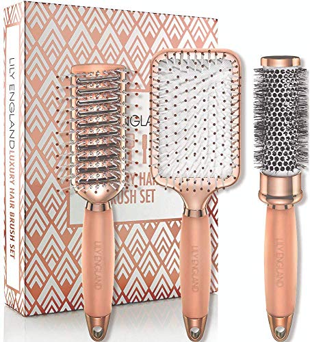 Lily England Set de Cepillos de Pelo Luxury para el Cabello - Cepillo Plano, Cepillo Redondo Cilíndrico de Secado y Peine- Oro Rosa