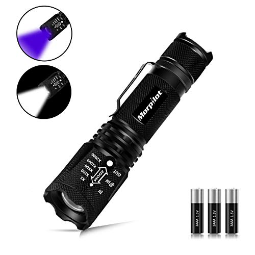 Linterna Táctica y UV 2 en 1, Linterna LED 500LM, Linterna Militar, Luz UV con 4 Modos, Zoom IN/OUT, 395nm, Aluminio, Anti-caída, Impermeable IPX4, 3 Baterías Incluidas