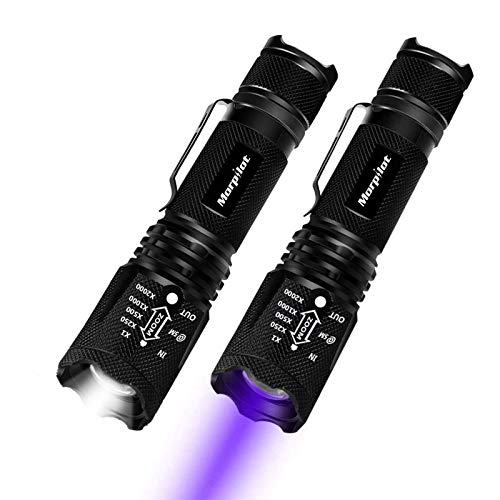 Linterna Táctica y UV 2 en 1, morpilot 2 Paquete Linterna LED 500LM, Linterna Ultravioleta, Luz UV con 4 Modos, Zoom IN/OUT, 395nm, Aluminio, Anti-caída, Impermeable IPX4, 3 Baterías Incluidas