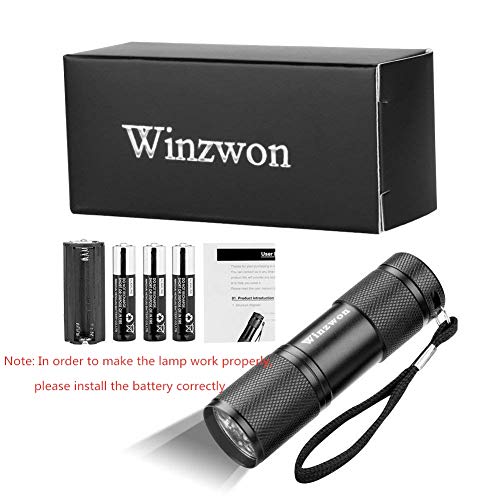 Linterna Ultravioleta, Winzwon Linterna UV Flashlight 9 LED UV Lampara Ultravioleta Detectar manchas de orina de mascotas, Luz negra 395nm(3 pilas AAA incluidas)