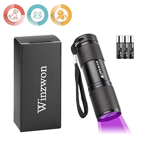 Linterna Ultravioleta, Winzwon Linterna UV Flashlight 9 LED UV Lampara Ultravioleta Detectar manchas de orina de mascotas, Luz negra 395nm(3 pilas AAA incluidas)