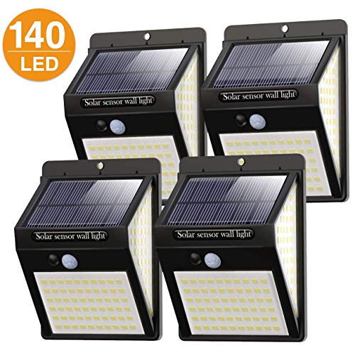 Litogo Luz Solar Exterior 140 LED【4 Pack / 3 Modos】con Sensor de Movimiento, Luces LED Solares Exteriores 270º lluminación Focos Solares Exterior Impermeable Aplique Lampara Solar para Exterior Jardin