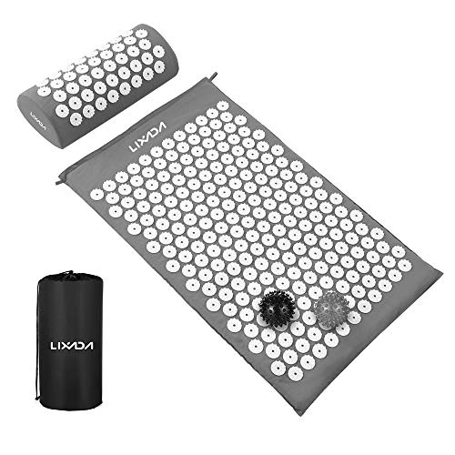 Lixada Estera de Acupresión y Almohada Kit con 2 pcs Bolas de Masaje de Punta para Alivio del Dolor Muscular del Espalda/Cuello/Pies