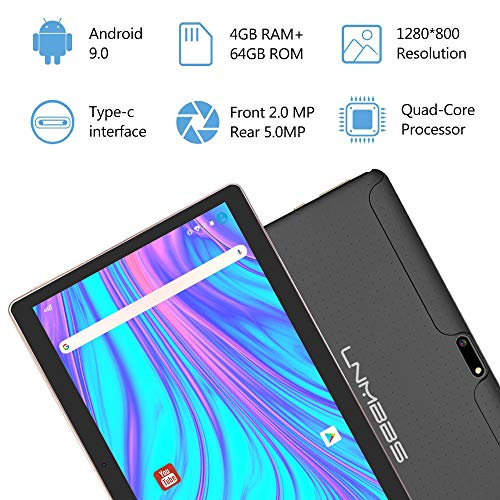 LNMBBS Android 9.0 Tablet de 10'' con WiFi 4GB de RAM y 64 GB de Memoria Tablet PC Procesador de Cuatro núcleos y Dobles Ranuras SIM y una Ranura TF Cámara GPS OTG (Negro)