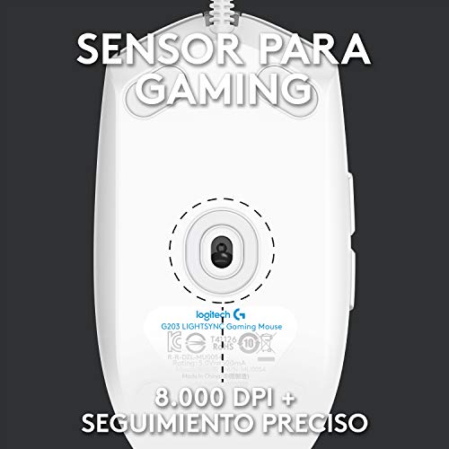 Logitech G203 LIGHTSYNC Ratón con iluminación RGB personalizable para gaming, 6 botones programables, sensor para gaming, seguimiento de hasta 8.000 dpi, peso ligero,G203 2ª Gen.,Blanco