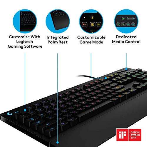 Logitech G213 Prodigy Teclado Gaming, Retroiluminado RGB LIGHTSYNC, Resistente a Salpicaduras, Personalizable, Controles Multimedia, Disposición QWERTZ Alemán, Negro