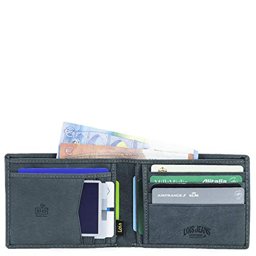 Lois - Cartera Hombre Piel con Monedero RFID. Billetero de Cuero Genuino. Tarjetas Documentación Billetes DNI Carnet. Caja para Regalo. Estilo Rústico 201507, Color Azul