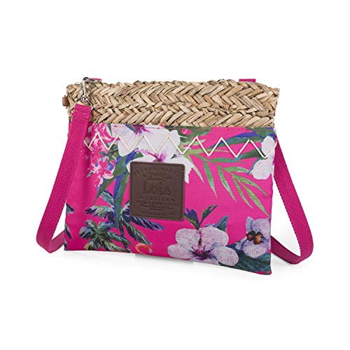 Lois - Neceser de Rafia con Asa de Mano. Bolso Bandolera. Rafia y Estampado Flores. Cierre Cremallera. Ideal para Playa Verano. Calidad Moda y Diseño. 09404, Color Fucsia