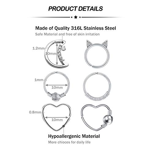 Longita Daith Rook Snug Tragus Piercing Pendientes Acero Quirúrgico Corazón Luna Círculo Forma Anillos Oreja Cartílago Joyas para el Cuerpo 6 Piezas Plata