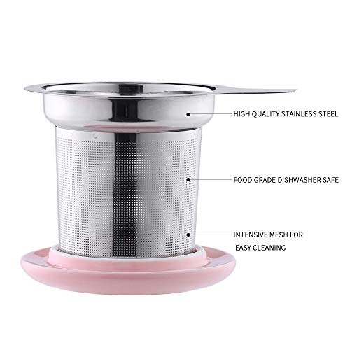 LOVECASA Tazas de Té con Tapa y Filtro Acero inoxidable 450 ML, Tisana de Porcelana Rosa