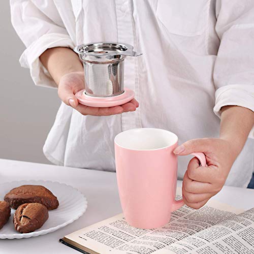 LOVECASA Tazas de Té con Tapa y Filtro Acero inoxidable 450 ML, Tisana de  Porcelana Rosa