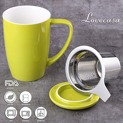 LOVECASA Tazas de Té con Tapa y Filtro Acero inoxidable 450 ML, Tisana de Porcelana Verde