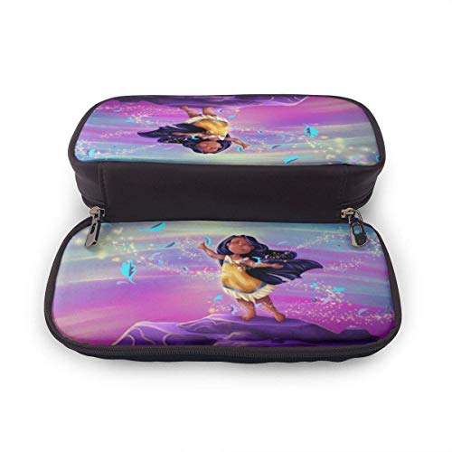 Lsjuee Estuche para lápices de cuero Anime Pocahontas Kid Leaves Estuche para bolígrafos Estuche para papelería Maquillaje cosmético Bolsa con doble cremallera para adultos Niñas Niños Escuela Oficin